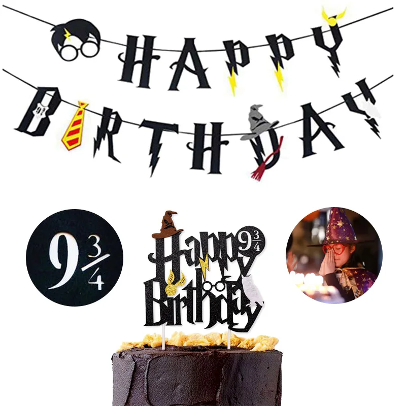 

2020 Magic theme Party Non-woven Happy Birthday Banner Cake Topper Flags Bunting for Birthday Party Decorations Kids Favors