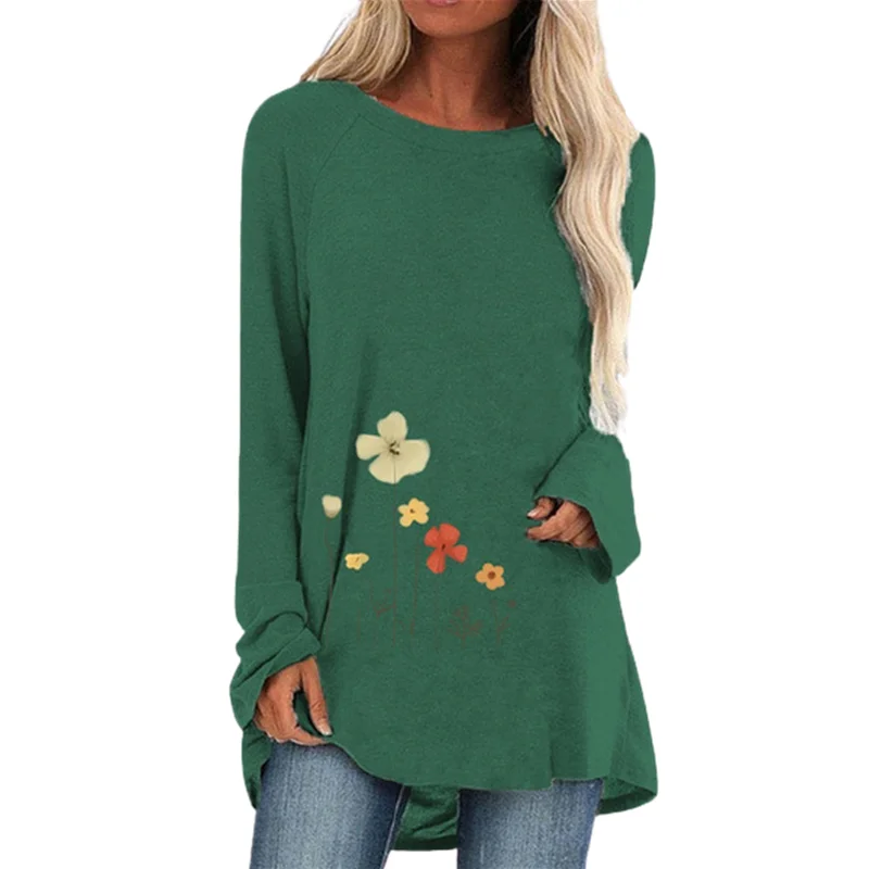 Spring And Autumn Shirt Large Size O-Neck Fashion T-Shirt 2021 Floral Print Long Sleeve Loose Casual Top Street Wear