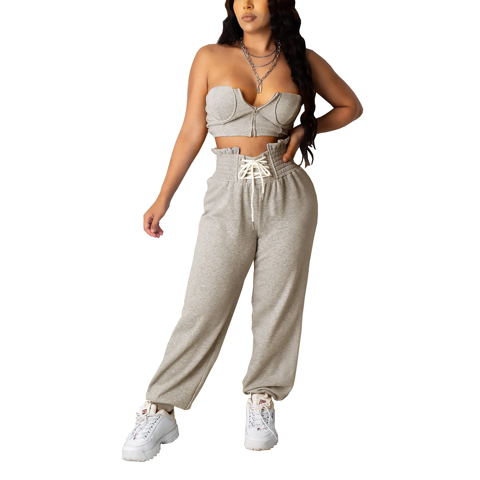 

hirigin 2pcs Set Women Sexy Sleeveless Tube top HIgh Waist Elastic Drawstring Pants Trousers Ladies Fashion Casual Outfits