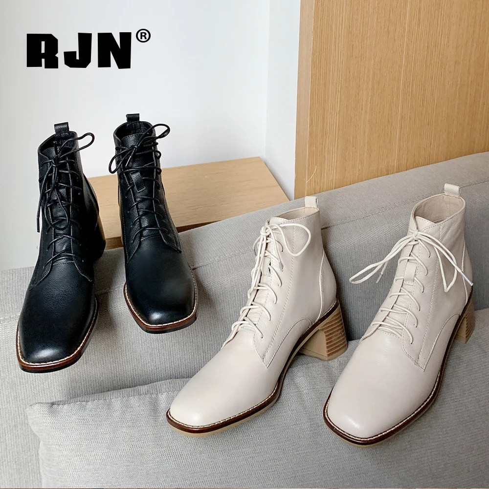 Harga RJN Gaya Baru Semata Kaki Klasik Square Toe Mid-Heel Kulit Sapi Berkualitas Tinggi Lace-Up Sepatu Wanita Nyaman Sepatu Boots RO258