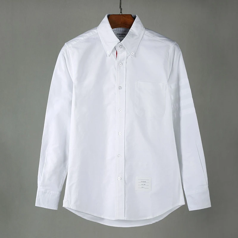 

Fashion TB 2021 THOM Brand Shirts Men Slim White Long Sleeve Striped Casual Shirt Turn Down Collar Oxford Solid Men's Clothing