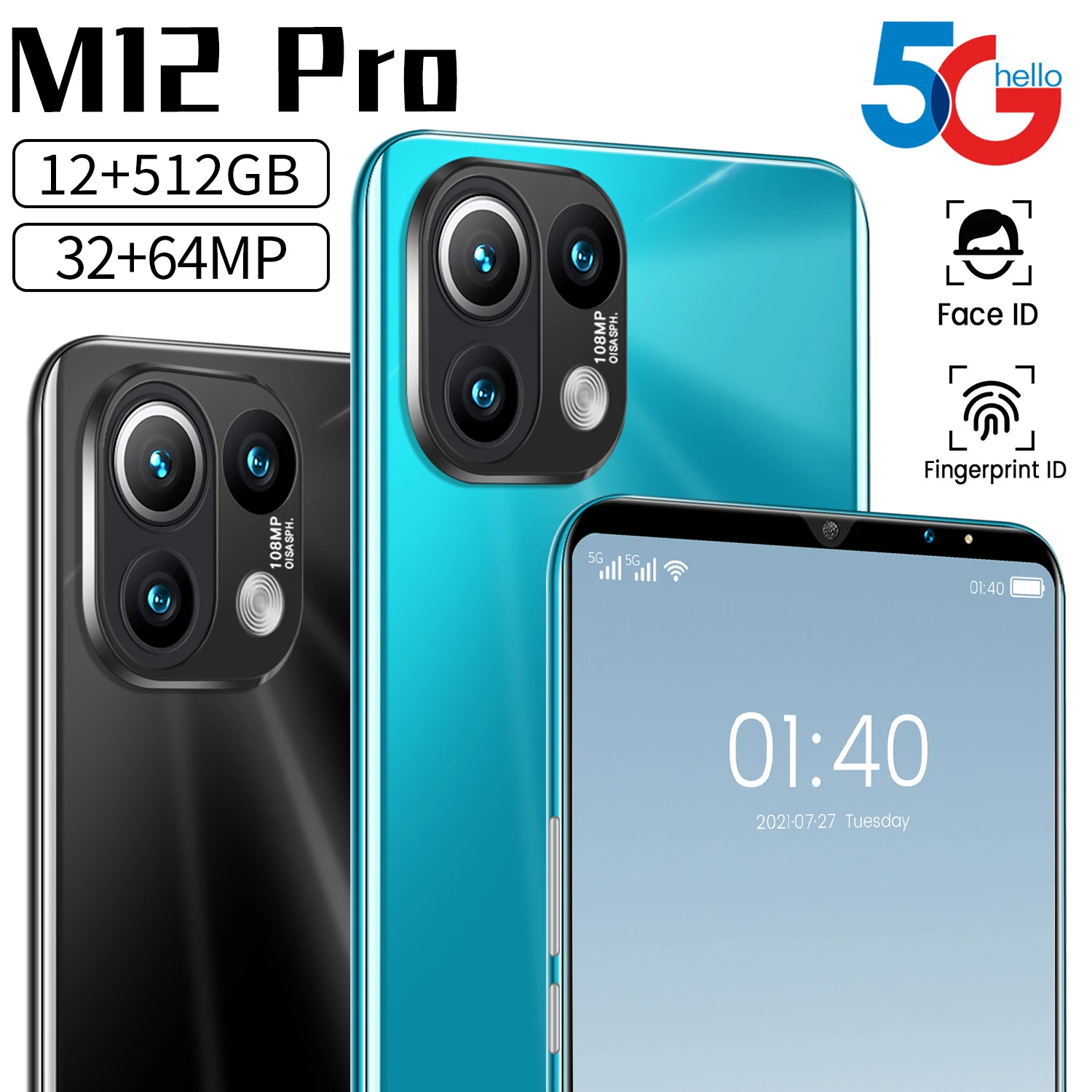 

M2 Pro 12GB RAM 512GB ROM 6.1 Inch Face Unlock 32+64MP 6000mAh Deca Core Smartphones Andriod 11 Global 5G LTE Bands Cellphone