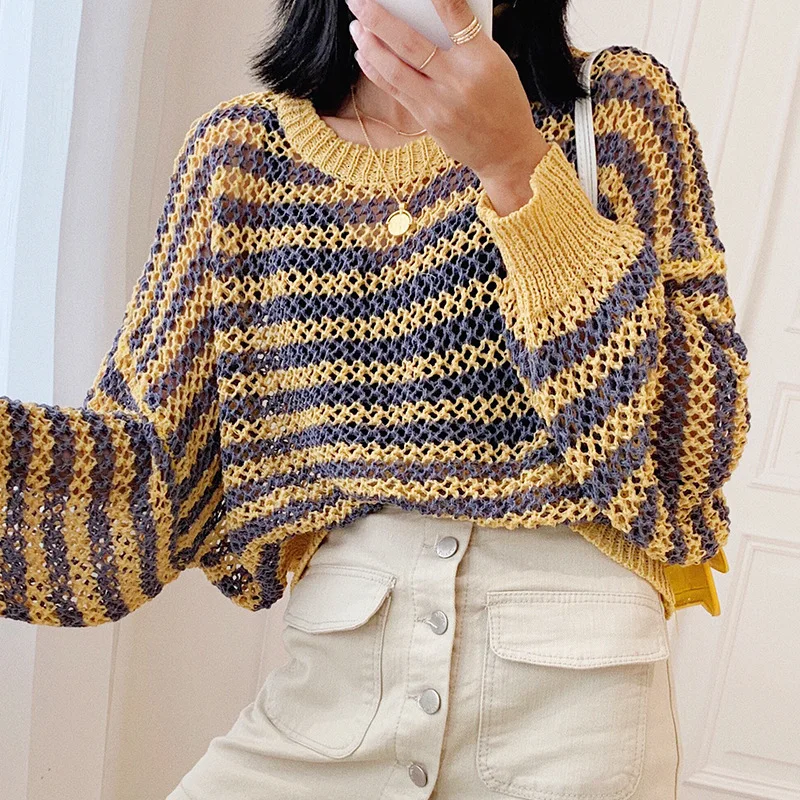MEVGOHOT Women's Autumn Loose Stripe Sweaters Fashion Oversized Sweet O-neck Pullover Korean Sweater Female HD1098 | Женская одежда