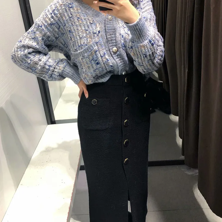 Женская юбка осенне-зимняя высокая талия облегающая винтажная с разрезом