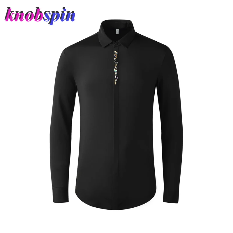 

Elegant Mens Shirt Turn-over Collar Long Sleeve Sleeve Slim Casual Business Male Dress Shirts Colorful Beading Camisas masculina