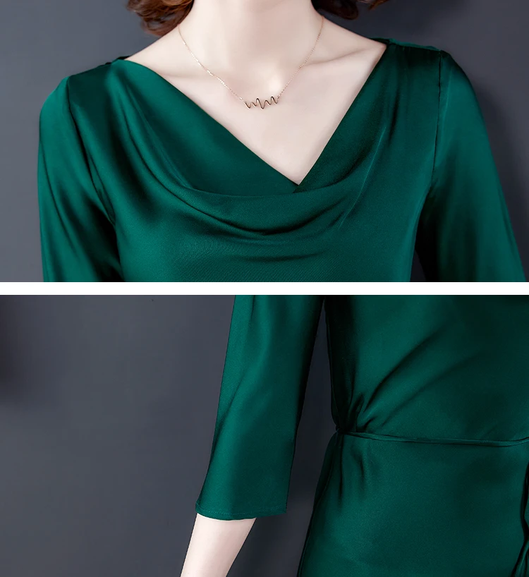 Женское атласное шелковое платье с v-образным вырезом винтажное зеленое тонкое