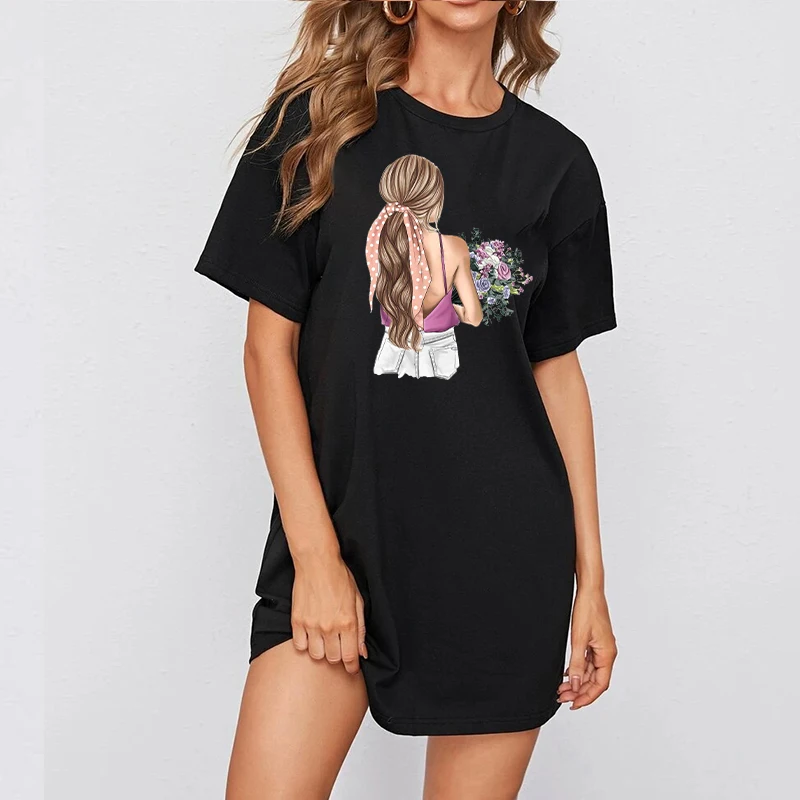 

Girl Flowers Print Dress Mini Women Loose Summer T-Shirt Dresses Korean Short Sleeve Streetwear Casual Pullover Robes