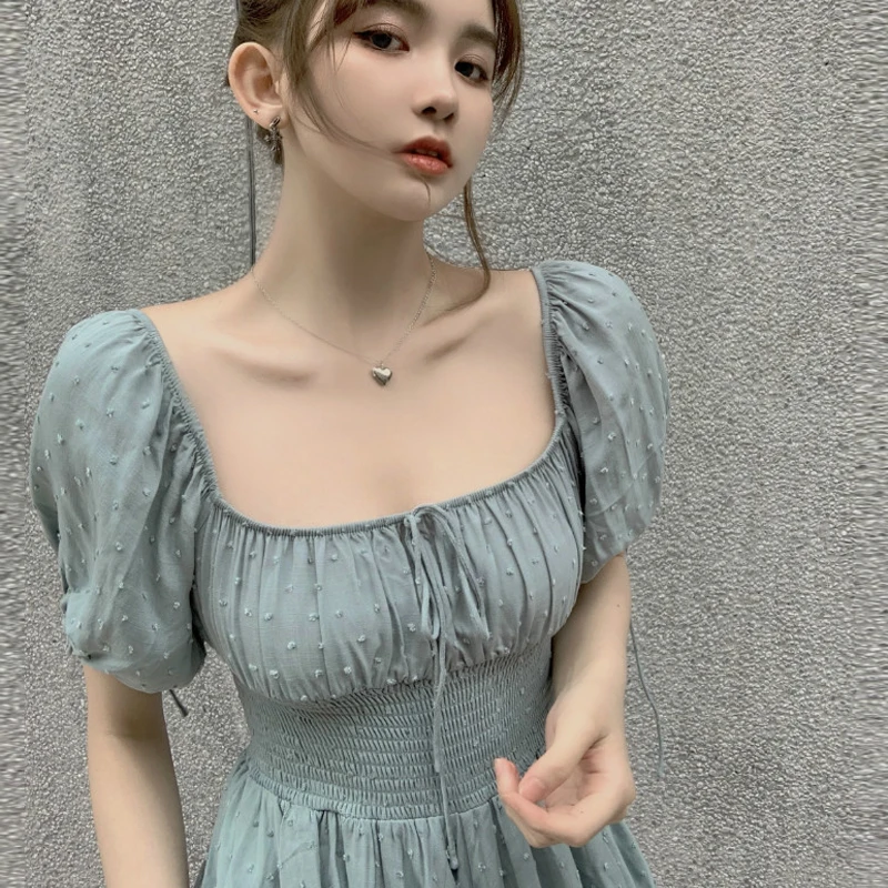 

French Temperament Square collar Short Sleeve Elegant Sexy Dreeses Women Design Bandage Casual Dress Femaels 2021 Summer Dress