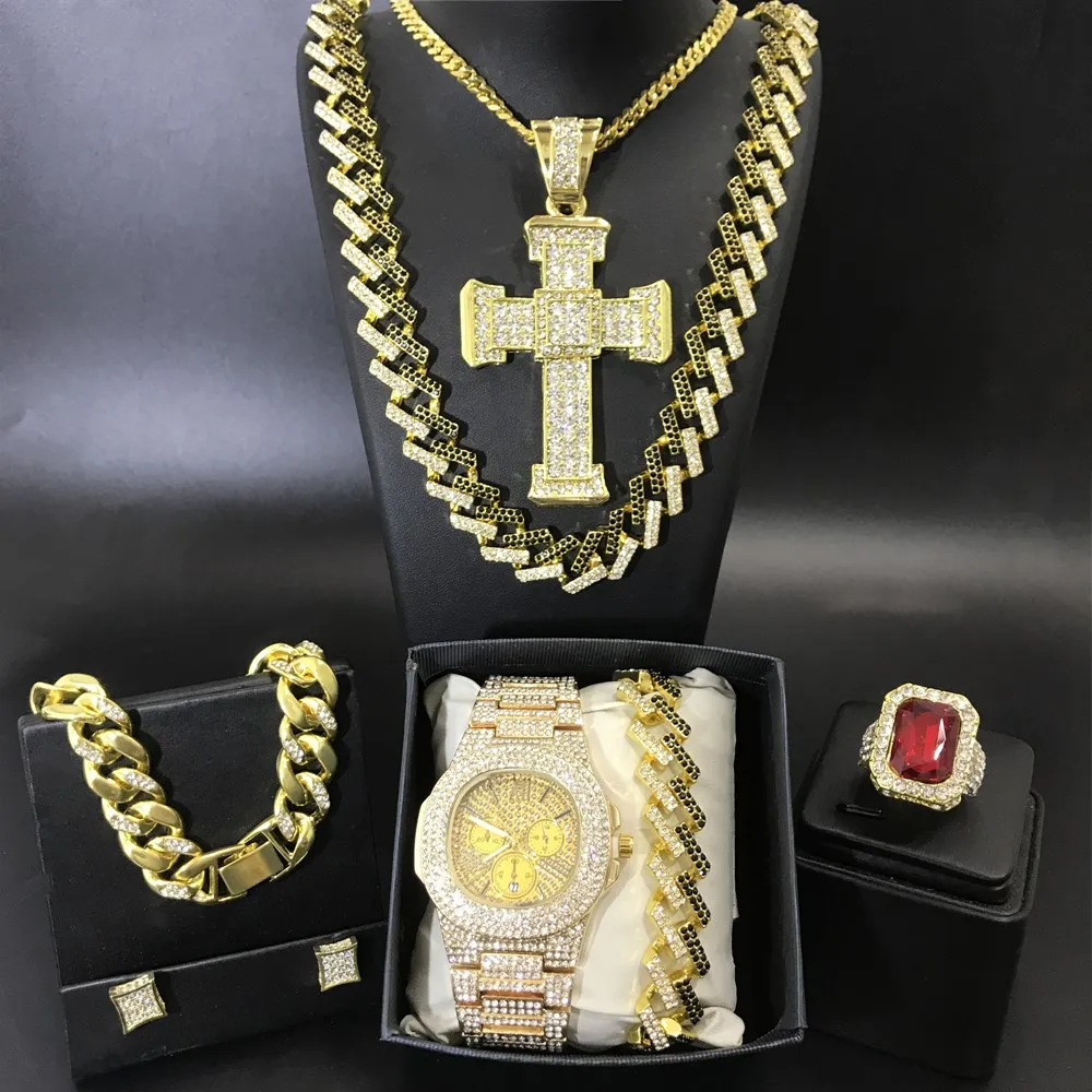 Роскошные мужские золотистые часы, ожерелье, браслет, кольцо и серьги Combo Ice Out кубинская Бижутерия Кристалл Майами ожерелье для мужчин