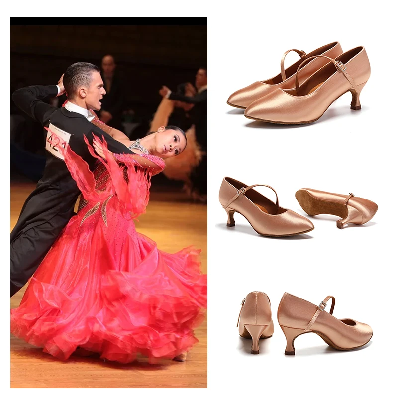 Women Latin Dance Shoes SILK Ballroom Modern Pole Dance Shoes Salsa Tango Middle Heel Closed Toe Latin Shoes For Girls Ladies