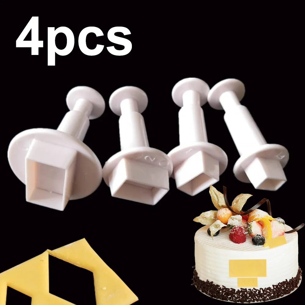 New 4pcs Square Shape Plunger Cake Cookie Cutter Fondant Gum Paste Cupcake Toppers Decorating Mold Biscuit baking Tool | Дом и сад