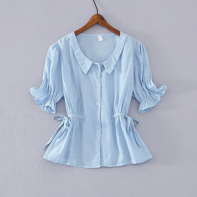 

White V Neck Ruffle Blouse Shirt Women Summer Puff Sleeve Casual Ruched Bow Tie Shirts Elegant Button Office Lady Blouse Top New