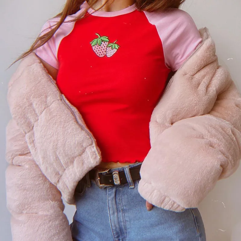 

2021 Kawaii Y2k Strawberry Embroidery Crop Top Fashion E-Girls O-neck Short Sleeve Patchwork Aesthetic Summer Clothes for Women