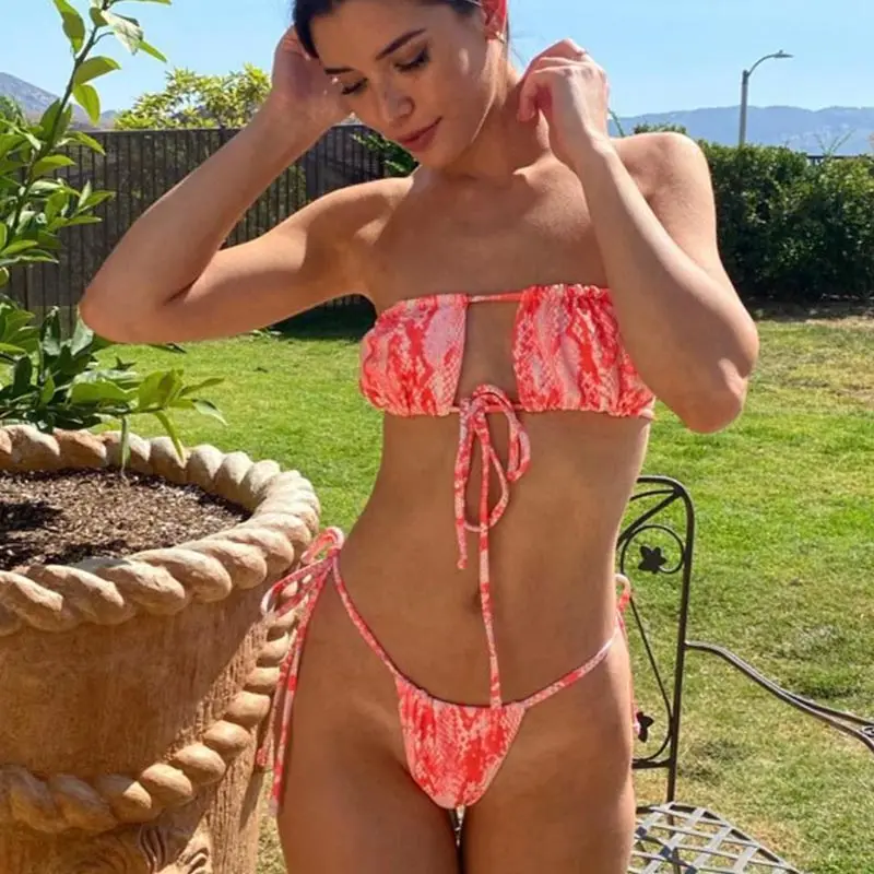 

Snakeskin Print Bikinis Drawstring Bandeau Bathing Suit Women Push Up Swimwear Sexy Thong Swimsuit 2021 Lace Up Bikini Set Beach