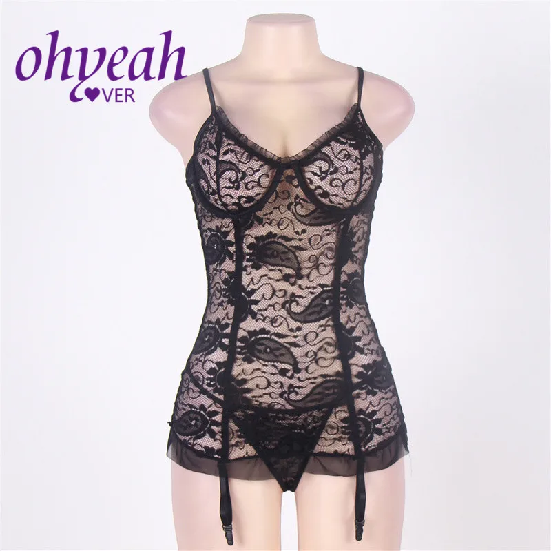 Ohyeahlover кружево Porno Плюс Размер 6XL подвязка Femme Babydoll без кроп черная Цветочная сетка Chemish сексуальное женское белье RM7296