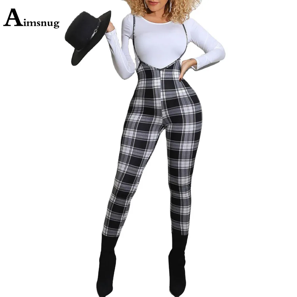 

Aimsnug Women Sexy Patchwork Overalls Skinny Pliad Strappy Trousers Lady England Style Rompers Streetwear 2021 Summer Jumpsuits