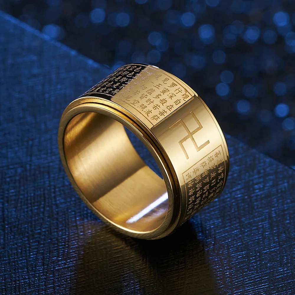 

Vintage Stainless Steel Silver Color/Gold Buddhist Ring For Men Women Simple Rotatable Buddhist Sutra Ring Amulet Jewelry Gift