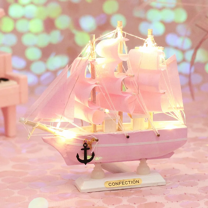 Light pink ZMISHIBO парусная лодка Ночная лампа в средиземноморском стиле розово-синяя полоска Декор для спальни модель корабля Настольный орнамент подарок на день рождения - Испускаемый цвет: Light pink
