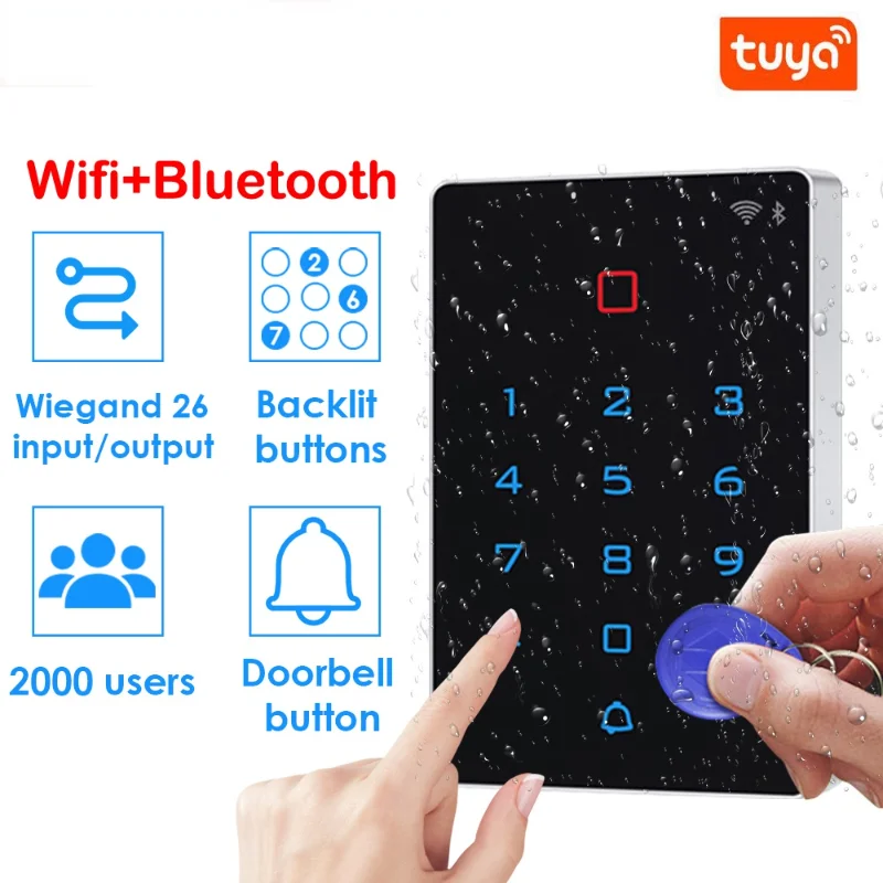 

T12 WIFI Tuya APP 2000 User Backlight Touch Access Controller Waterproof keypad RFID 125khz Card Reader Wiegand 26 Input Output