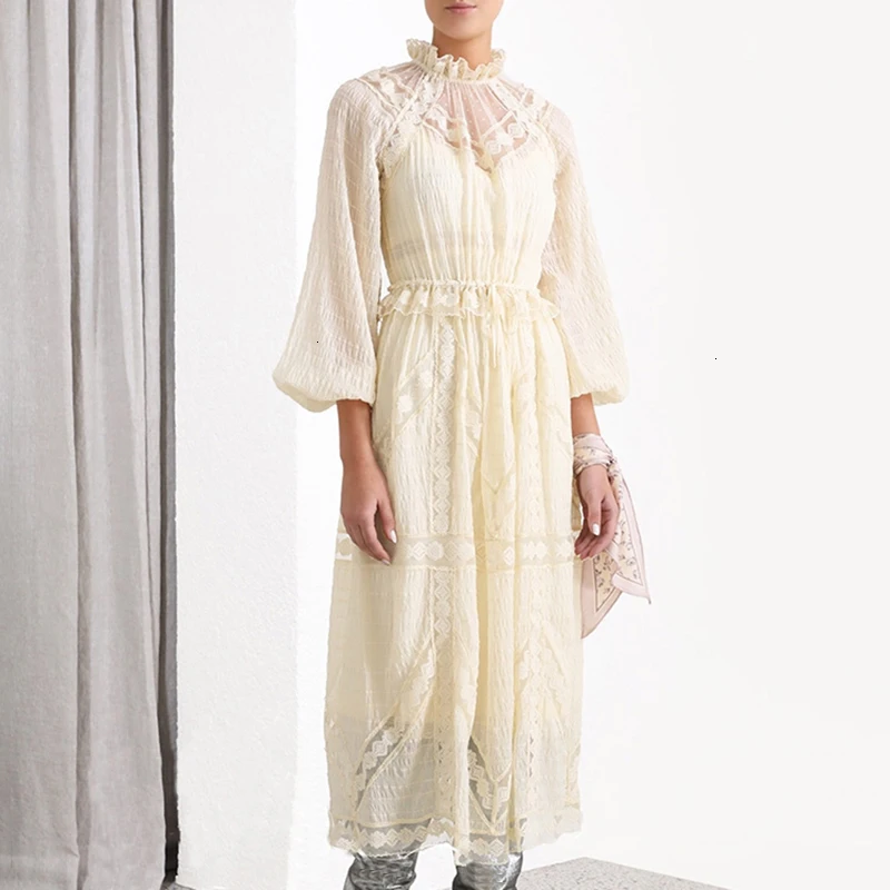 Винтаж лоскутное платье с кружевной оборкой женские со стоячим воротником