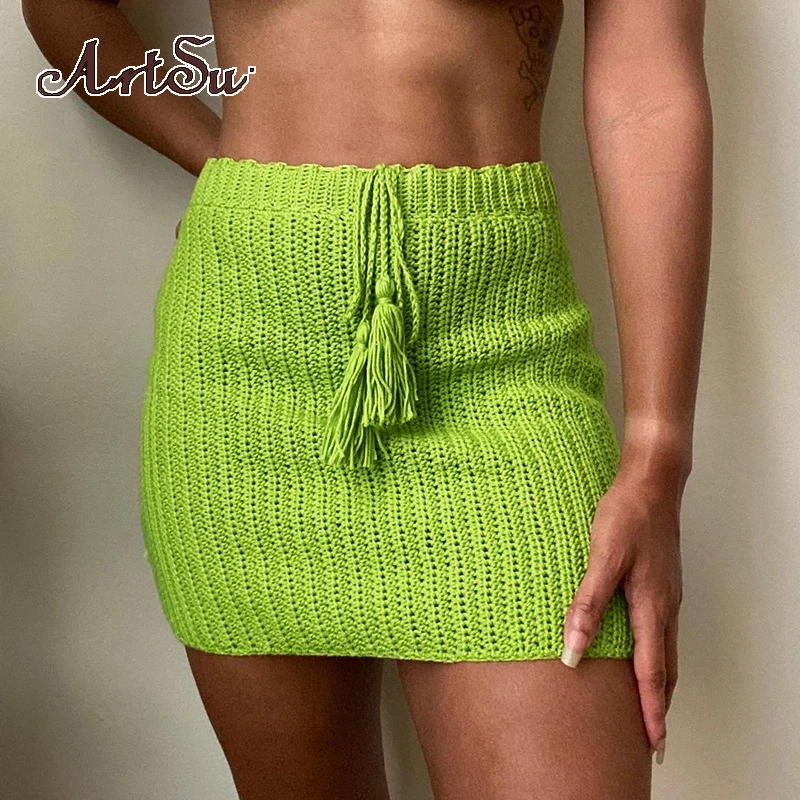 

Женская трикотажная юбка с высокой талией Artsu Harajuku, осенне-зимняя модная универсальная винтажная юбка с кисточками на завязках