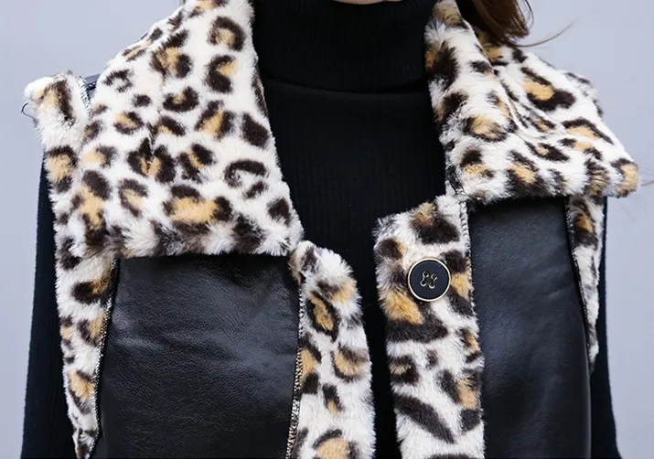 

Winter Women Vest Ladies Long Leopard Waistcoat With Pockets Fashion Elegant Leather Loose Plus Size Warm Vest Coat 2020 Gilet