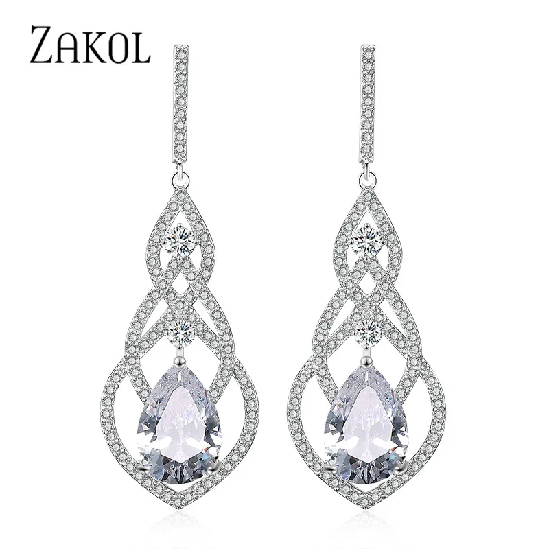 Роскошные блестящие серьги подвески ZAKOL с фианитами для невесты украшения