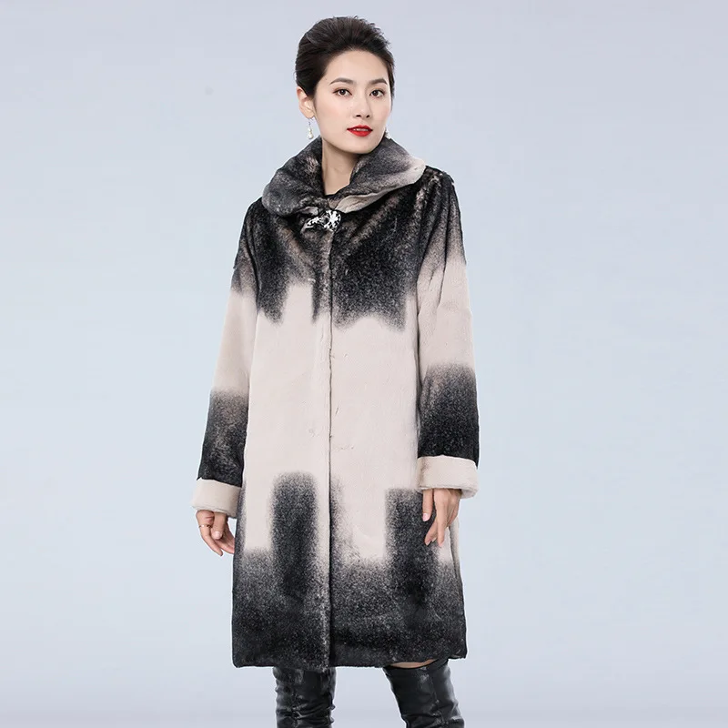 women's fashion loose temperament commuter long round neck whole mink  pocket coat winter new style Wide-waisted