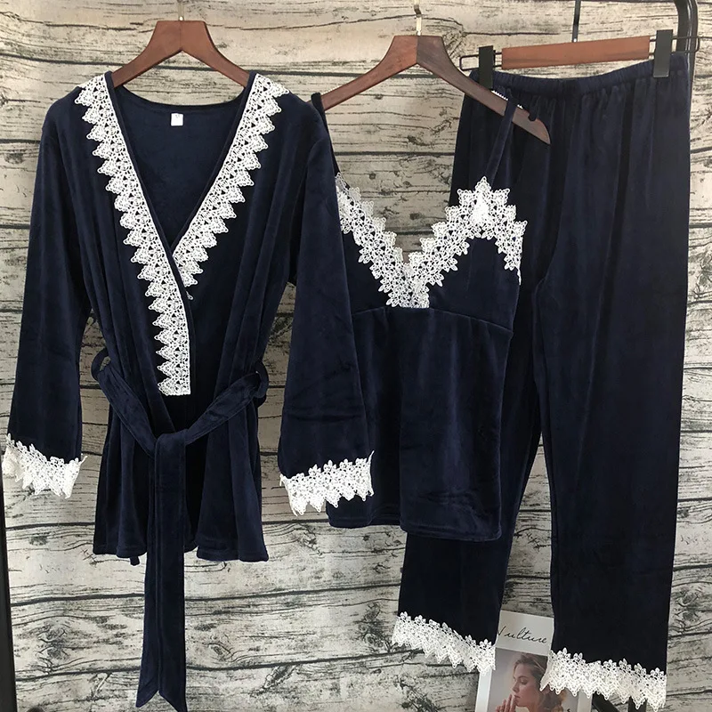 Бархатный пижамный комплект из 3 предметов Фланелевая пижама сексуальный