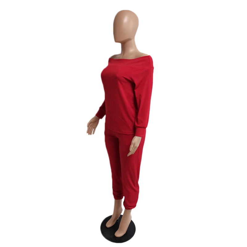 

Adogirl Women Solid Ribbed Two Piece Set Sexy Slash Neck Off Shoulder Long Sleeve Shirt Top Pencil Pants Female Tracksuit