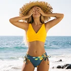 Женский раздельный купальник, желтый, лимонный принт, со шнуровкой и средней посадкой