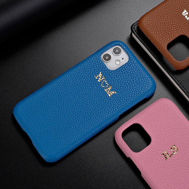 Personalise Custom Pebble Grain Real Leather Gold Initial Name Phone Case For iPhone14 14ProMax 14Plus 13Promax 13  Phone Cover