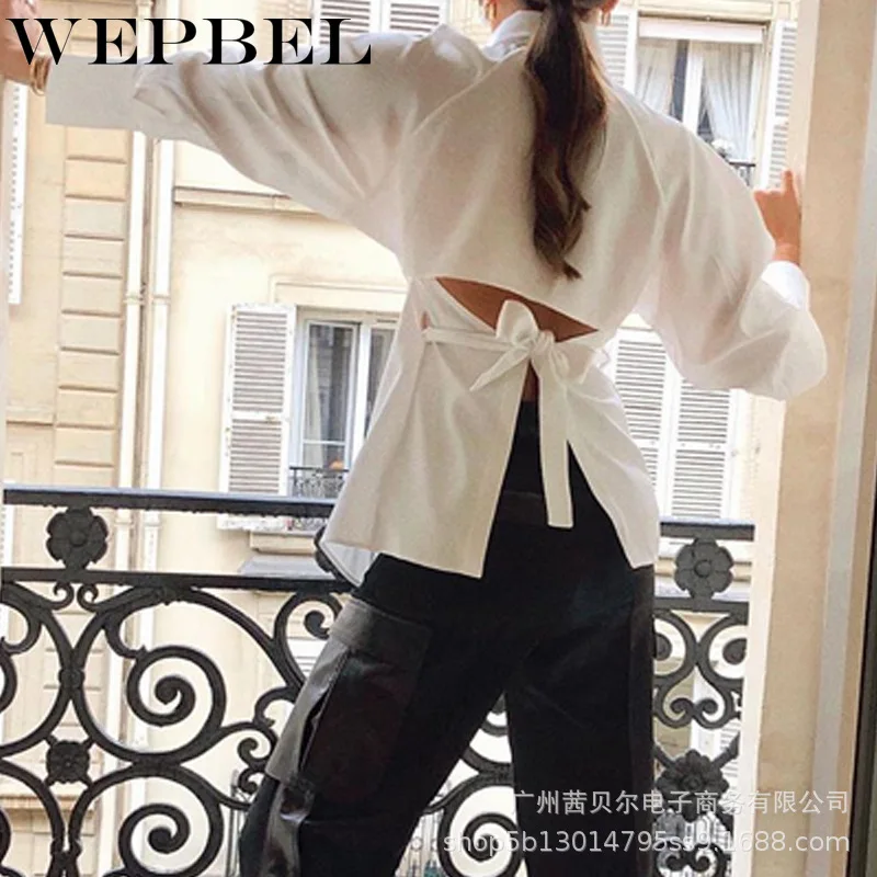 

WEPBEL Women Elegant Spring Autumn Shirt Top Ladies Sexy Long Sleeve Turn Down Collar Single Breasted Lace Up Corset Blouse