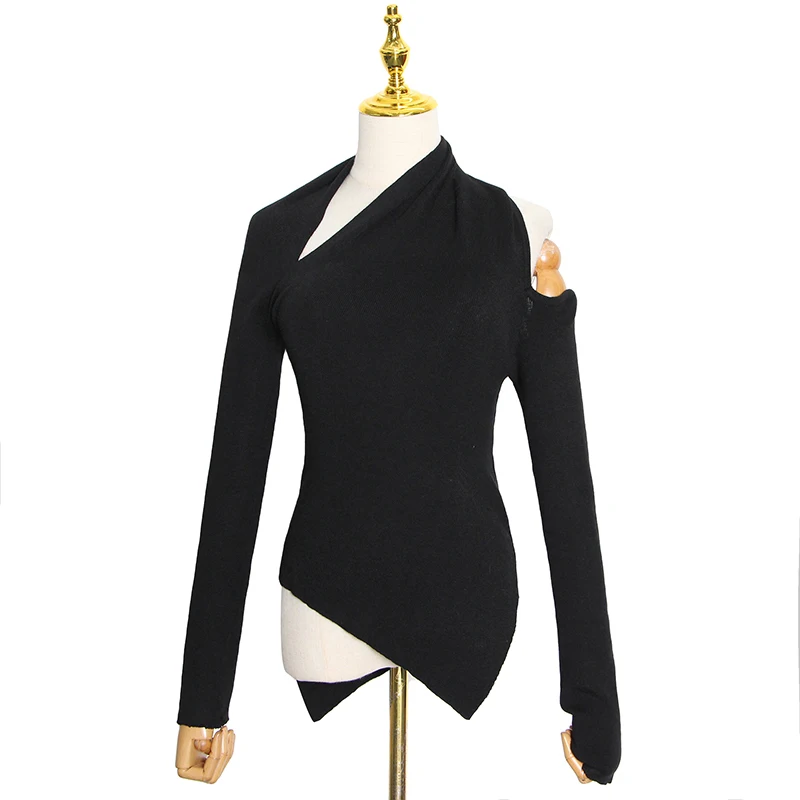 

ZCSMLL Black Sweater For Women Irregular Collar Long Sleeve One Off Shouder Hollow Out Knitted Sweaters Female 2021 Style