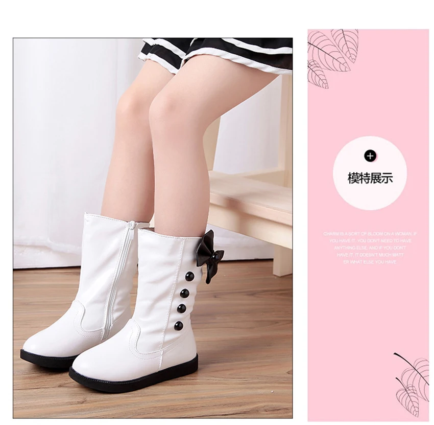 Girls Fashion Boots Autumn Winter Platforms PU Leather Mid-calf Princess Boots Butterfly-knot Ornament Toddler Kids Shoes