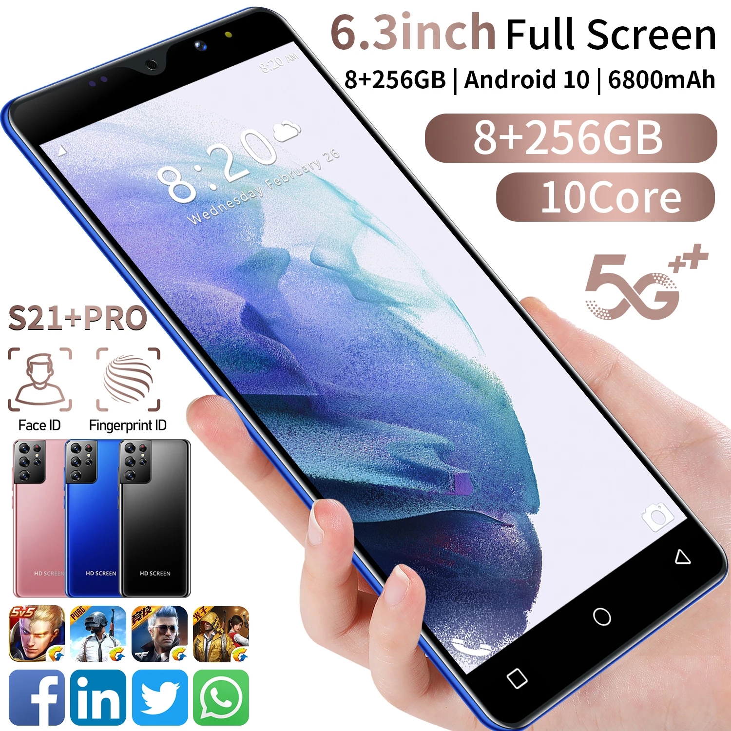 

Hot Cheap Global Version S21+PRO 6.3 Inch Smartphone 6800mAh 2 SIM 12GB+512GB Face ID Mobile Phone Unlocked Google Network Phone