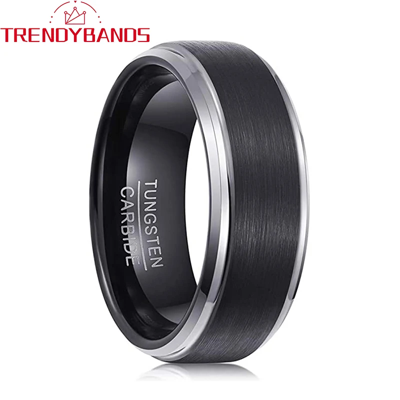 

8mm Black Mens Womens Tungsten Carbide Rings Wedding Band Stepped Beveled Edges Brushed Finish Comfort Fit