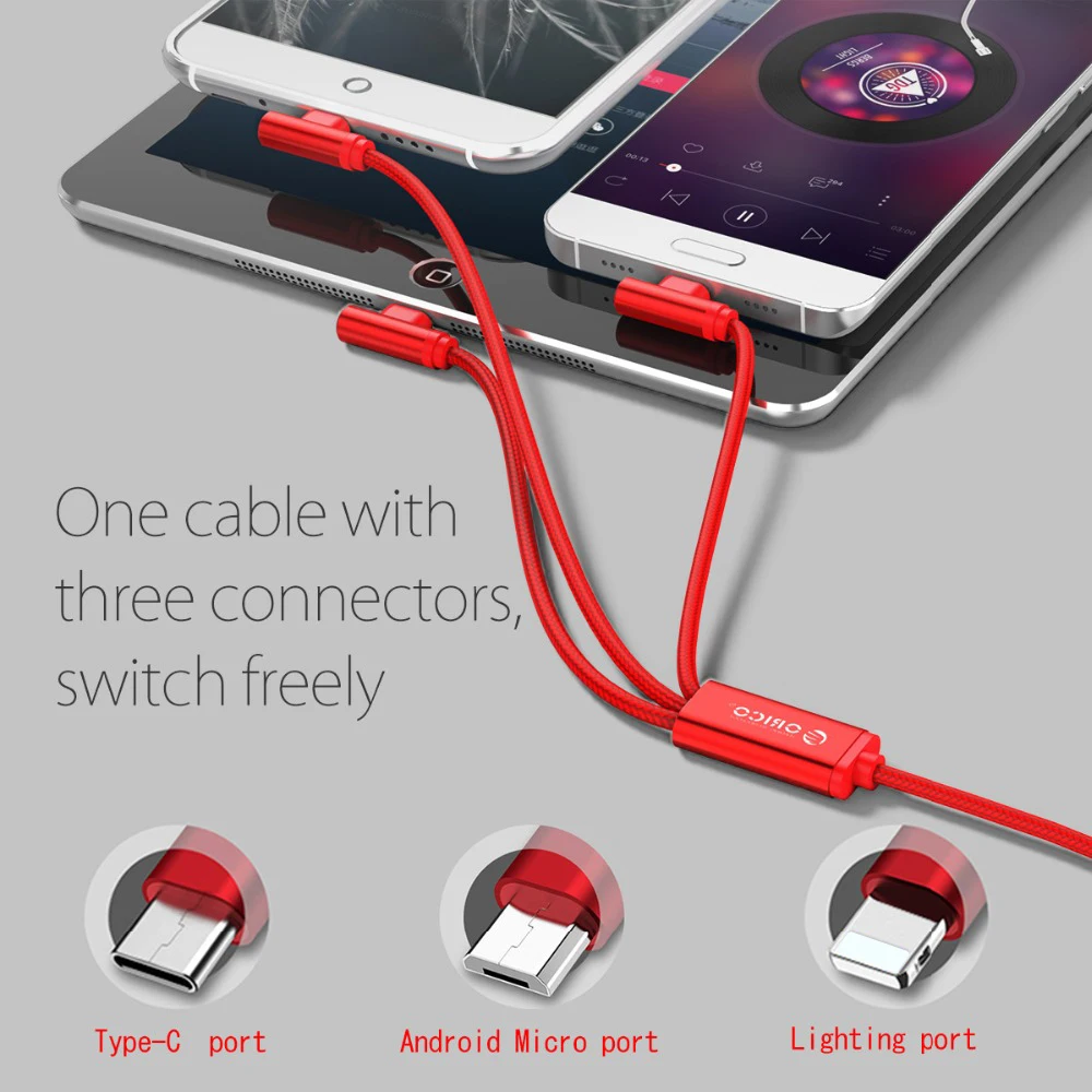 USB кабель ORICO H3S 3 в 1 для зарядки iPhone Huawei P20 Xiaomi Samnsung и синхронизации данных |