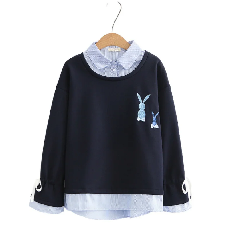 

Cartoon Embrodery Women Fleece Hoodies Long Sleeve Turndown Collar Patchwork Sweatshirts Sweet Style Fake Two Piece Pullovers