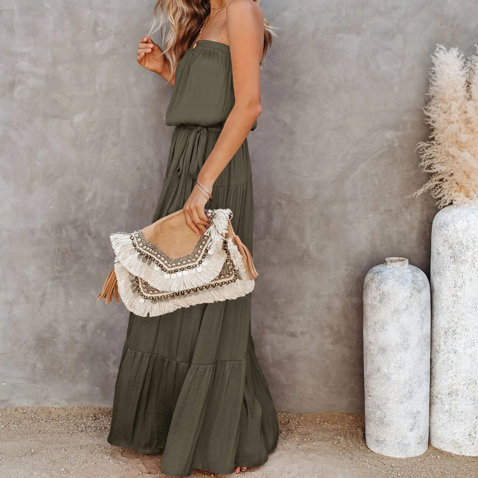 

2021 Loose Sling Dress Women Sexy Solid Color Tube Top Stitching Backless Long Skirt Dress Simple And Casual