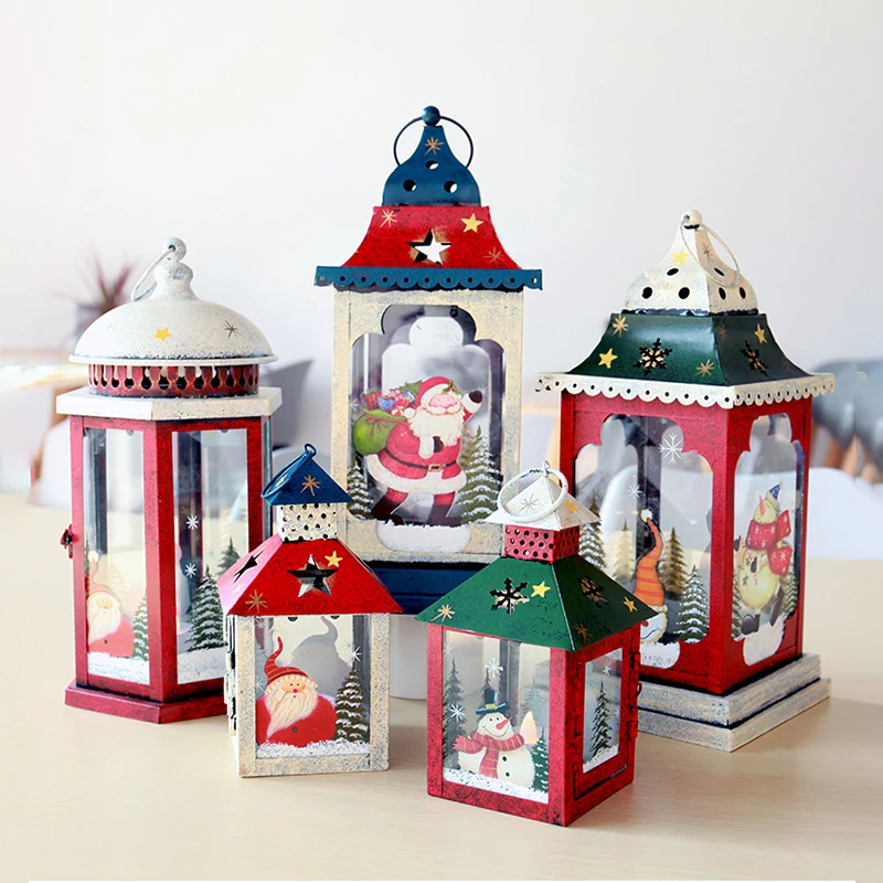 

European Antique Iron Glass Windbreak Christmas Candlestick Romantic Creative Desktop Scene Layout Ornament Merry Christmas Gift