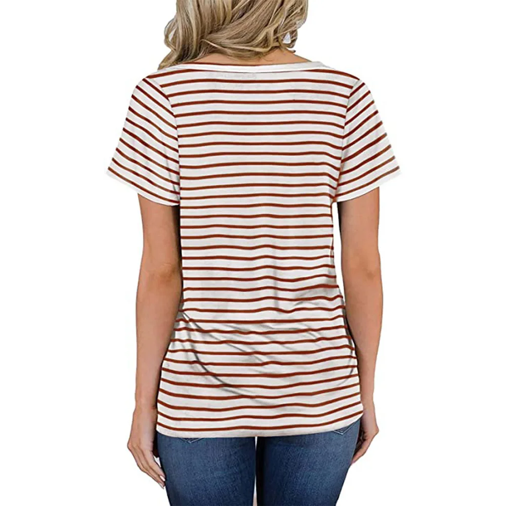 

Streetwear Casual T-Shirts 2XL Plus Size Women Short Sleeve V-Neck Striped Print Loose Tops Tees 2021 New Summer Pockets T shirt