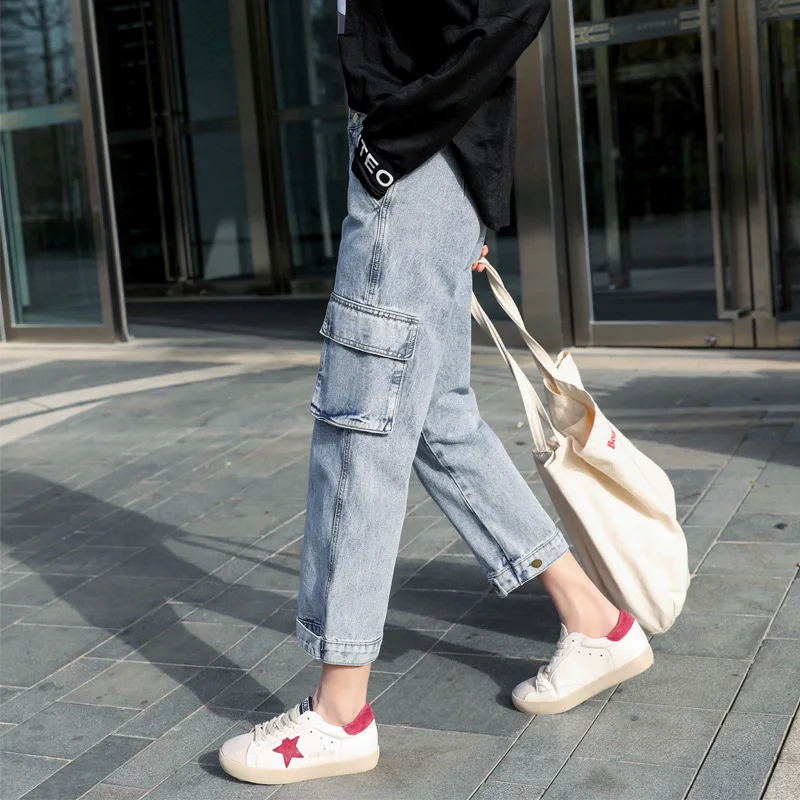 

New 2022 Fashion Loose Straight Jeans Female Women High Waist Cargo Pants Students Casual Overalls Trousers
