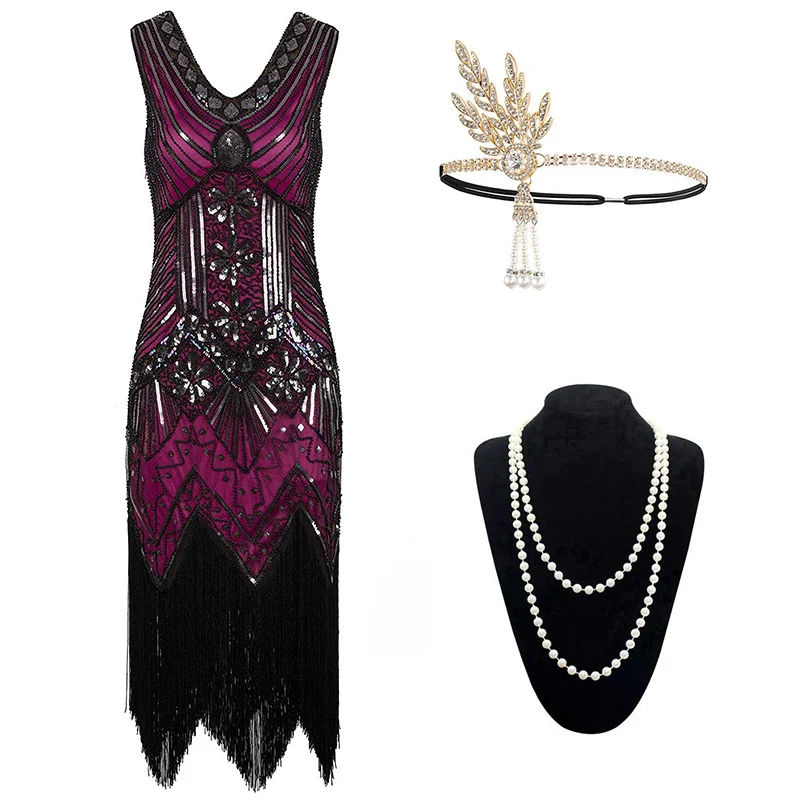 Rose Red Set Винтажное женское платье 1920s Gastby со сплошным расшитым блестками Сетчатое платье в стиле модерн украшенное бахромой платье размера плюс черный/зеленый/белый/золотой - Цвет: Rose Red Set