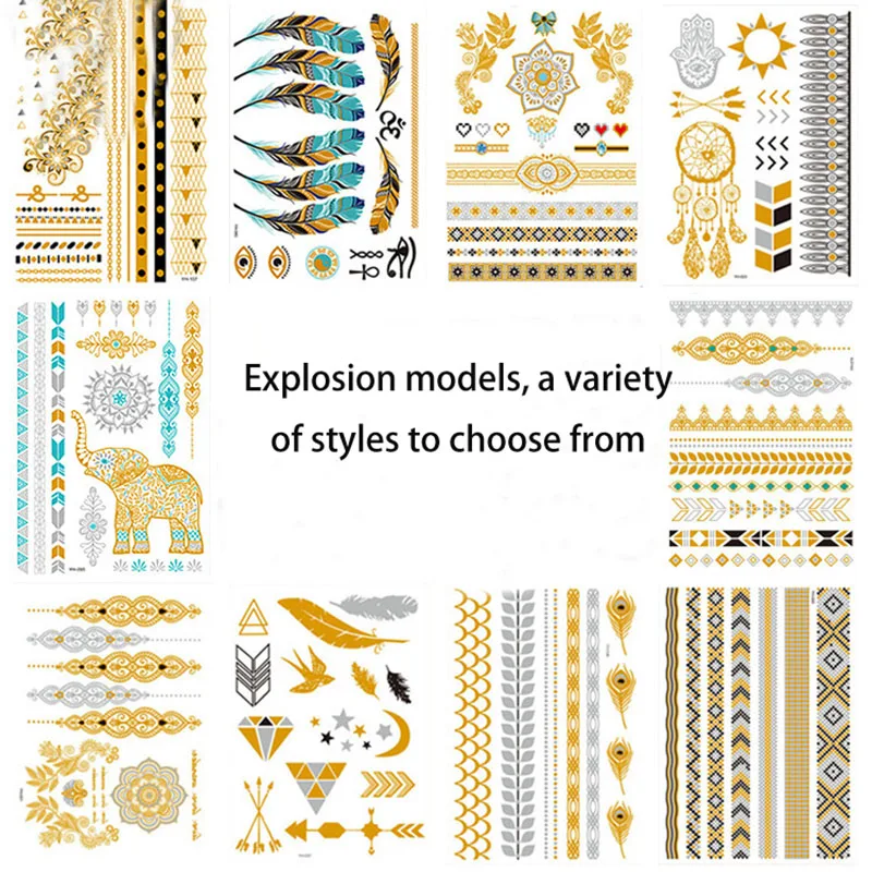 Временная татуировка золотого и серебряного цвета водонепроницаемая вспышка