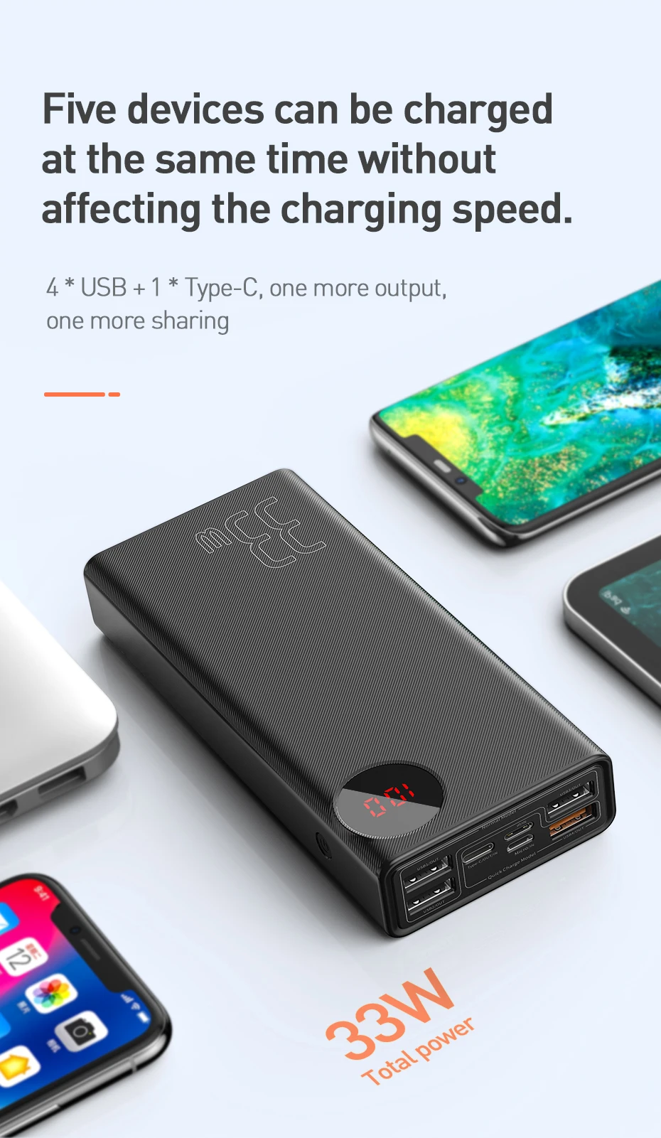 Baseus 30000 мАч Внешний аккумулятор usb type-C PD Быстрая зарядка для iPhone 11 Pro Max samsung Quick Charge 3,0 внешний аккумулятор