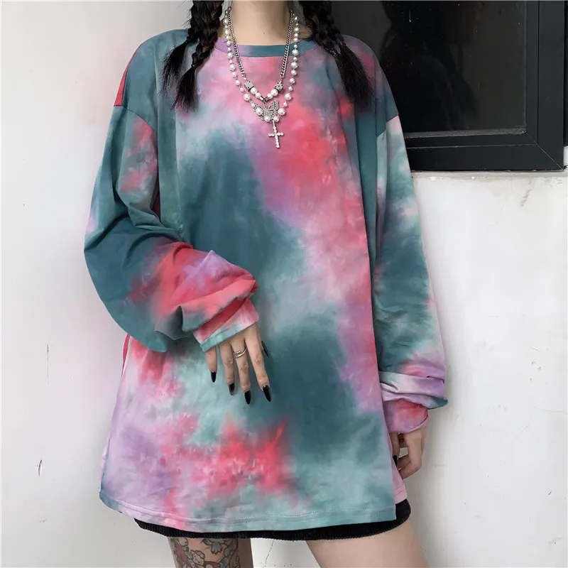 

Loose Women Short Sleeve T-shirt Hip-hop Round Neck Female Tee Shirts Printed Tie-dye Retro Punk Ladies T-shirt
