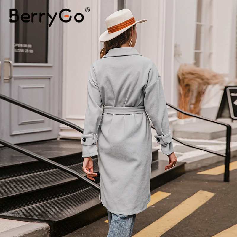 

BerryGo Elegant light grey autumn winter female long coat Office lady off shoulder sleeve overcoat Causal lace up fashion coat