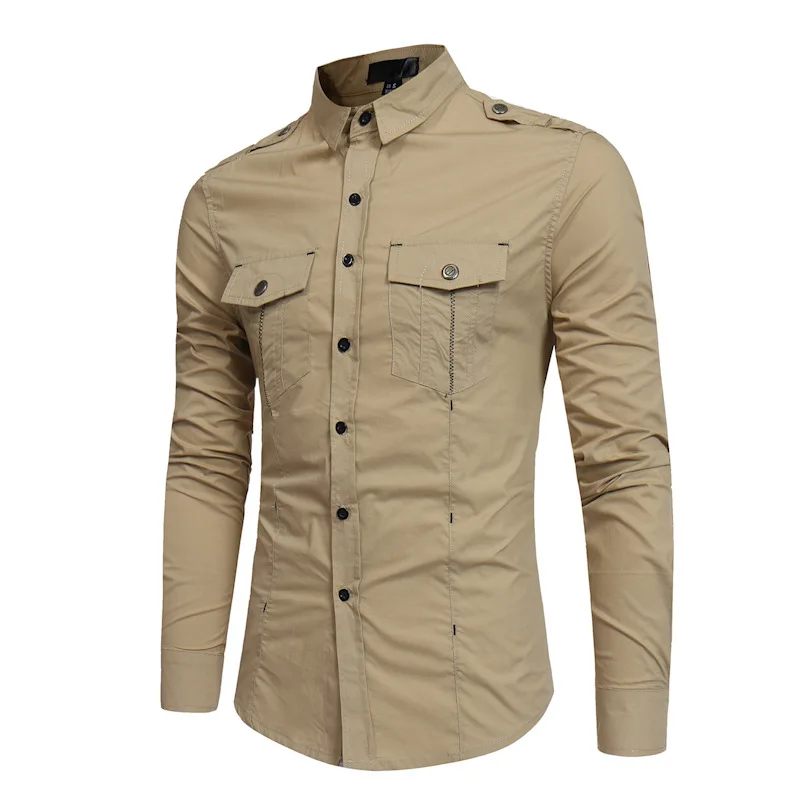 Khaki Shirts Новинка, мужские хлопковые классические рубашки с погонами, мужские повседневные рубашки с длинным рукавом черного цвета, хаки, зеленого цвета на весну и лето, размеры США s-xl - Цвет: Khaki Shirts