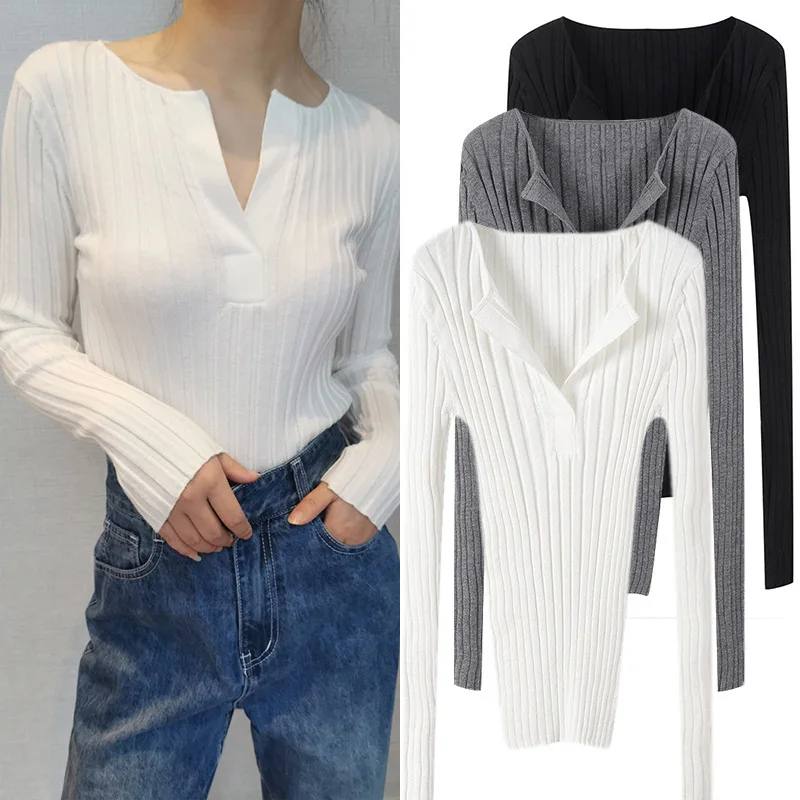 

New women s style versatile V neck slim long sleeve solid color cutting deep V neck top in early autumn